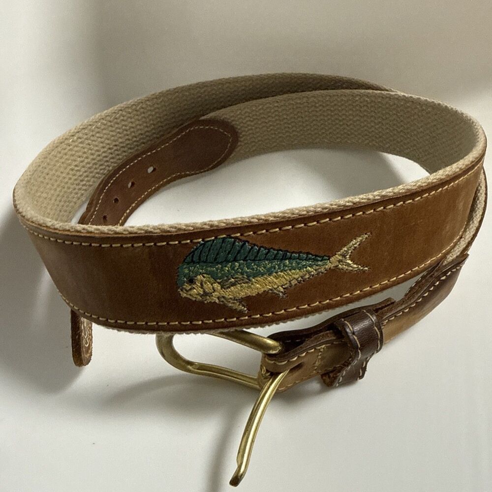 Men's Leather Man Ltd. Mahi Mahi Dolphin Belt Leather Canvas Brass Size 36